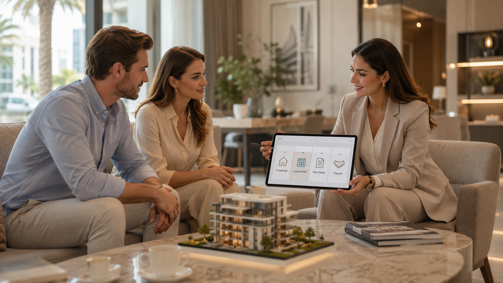 Dubai property ownership types explained with freehold, leasehold, title deed, and Oqood documents for foreign buyers