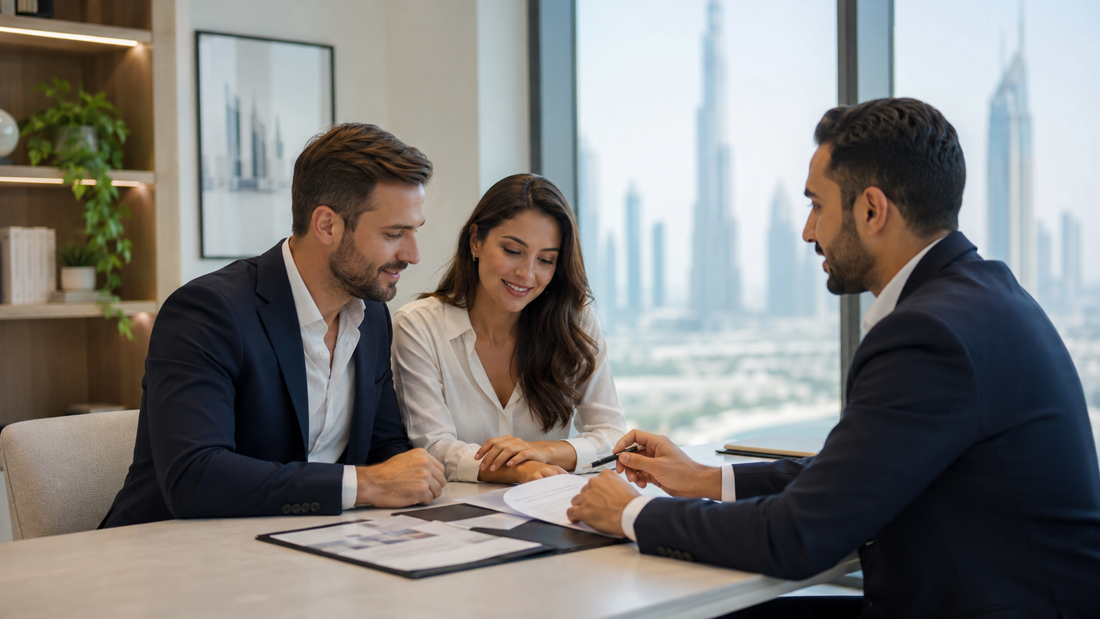 Buyer reviewing documents for buying property in Dubai with Dubai skyline and official registration process context