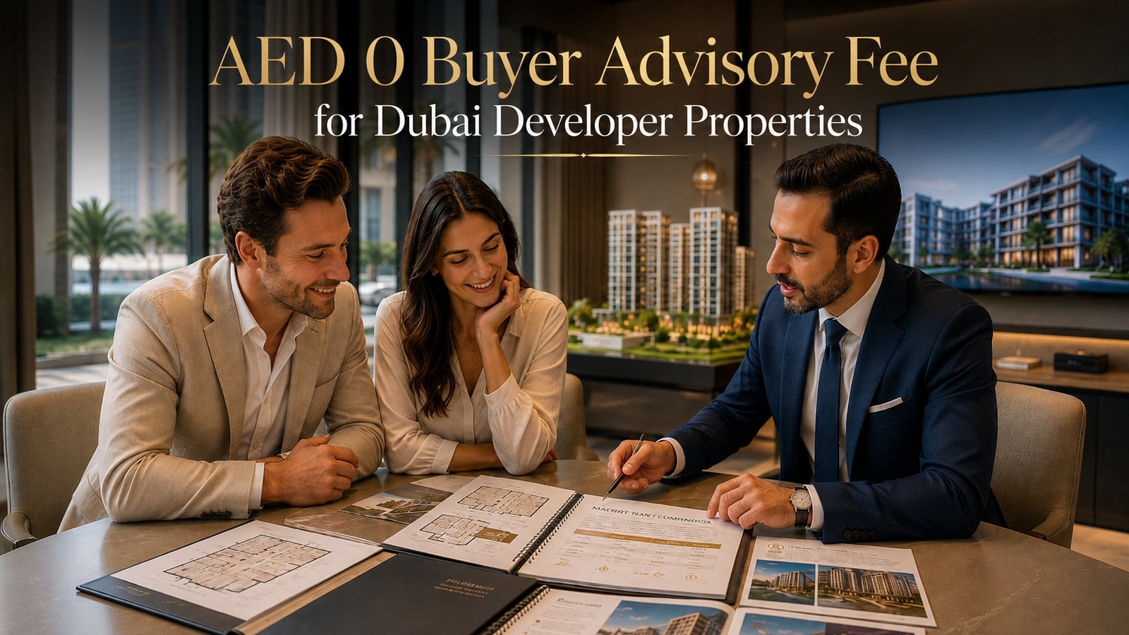 Professional Dubai property consultant explaining AED 0 buyer fee and developer property options to international buyers