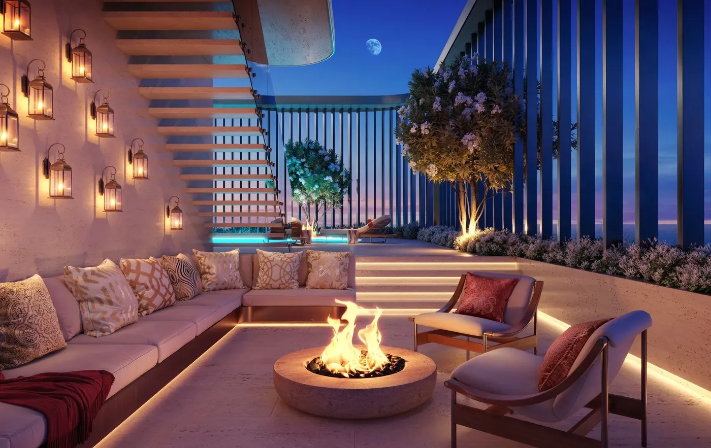 Sunken Seating with Fireplace amenity image at Isla Private Residences